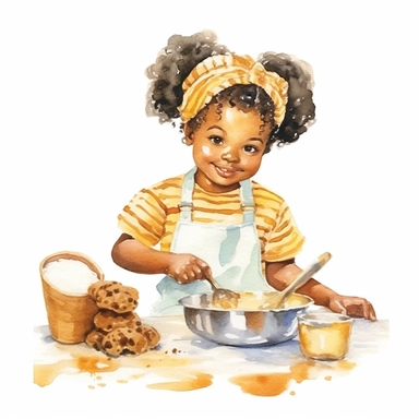 vintage adorable little black girl dressed as chief making cookies, clipart style, watercolor technique, super high quality, professional watercolor clipart, high resolution