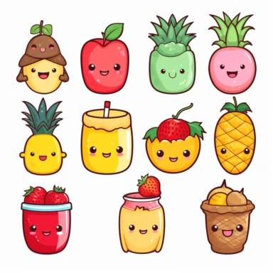 kawaii nutella, Apple, Orange, Pineapple, Watermelon, Berries, Strawberry, banana, and Drinks, clipart, isolated white background, 8k