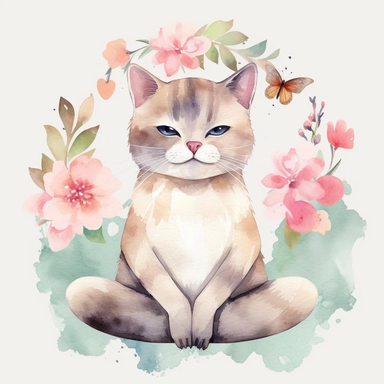 cute cat doing yoga exercise, yoga lotus flower background, watercolour clip art