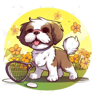 Draw a brown white shitzu puppy playing tennis in a sunny day with his friends, wearing vivid color clothes, in a spring morning, clipart white background, 32k