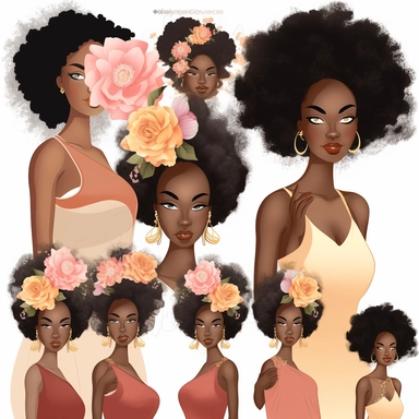 animated clipart bundle african american mother concepts, clipart bundle with beautiful flowers, beautiful faces, beautiful eyes and differential body types and skin tones, harlem Renaissance, Mother's Day White background