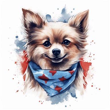 watercolor clipart illustration of a pomeranian wearing a bandana, red white and blue, hand painted details, clean and simple designs, solid background color, spaced out