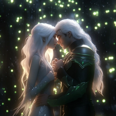 Clipart, cinematic lighting, cute couple of elf lovers, kiss , white hair, green eyes, fantasy background, 8k, darkness& light