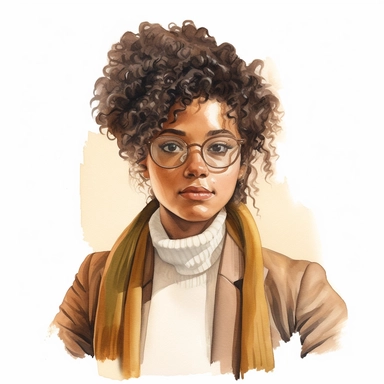 20 year old very dark skin woman university student facing camera illustration, curly hair down, wearing glasses and tweed blazer and turtleneck, soft earthy tones watercolor clipart academia aesthetics, solid white background, high definition, 8k