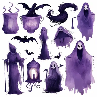 ghost clipart set, spookycore, use deep, moody colors like black, dark purple, and rich burgundy