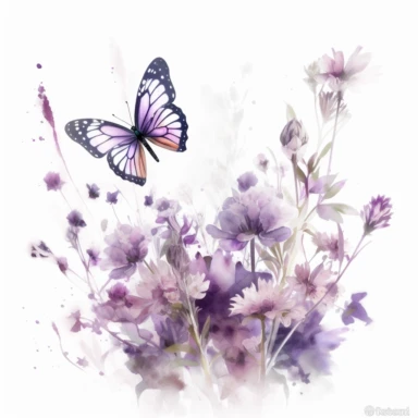 clipart, light purple butterfly on top of flowers around it, solid white background, in the style of ethereal illustrations, mende art, kimoicore, romantic emotivity, nouveau réalisme, rich and immersive, soft color, wedding theme, watercolor