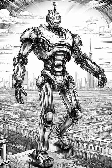 a black and white sketch of a robot, in the style of iron man, drawn like clip art with a strong and detailed feeling of liberty and art nouveau, floating above the eiffel tower in paris