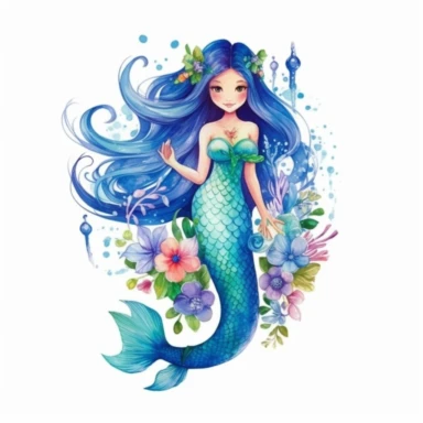 Clipart cute mermaid in full body with fish tail and pretty flowers, fairytale, underwater world, beautiful composition, watercolor paints, isolated objects on white background, imaginative, beautiful colors, turquoise, light blue, royal blue, fairytale, k8