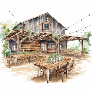watercolor, hyper realistic, white background with margins, 8k, ultra detailed clipart wedding a rustic barn venue with string lights, wooden tables, and chairs., brown and green, cut out image