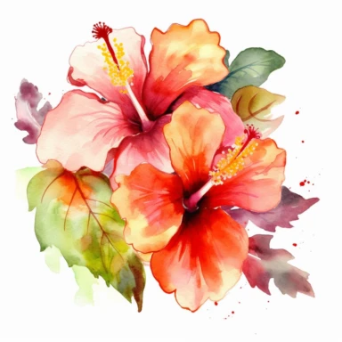 Watercolor Tropical Hibiscus Clipart by Thomas W. Schallerof: A vibrant and exotic design featuring tropical hibiscus flowers in shades of pink, orange, and red on a white background. The flowers are different-size and bold, while the leaves are thick and tropical, creating a lively and festive composition