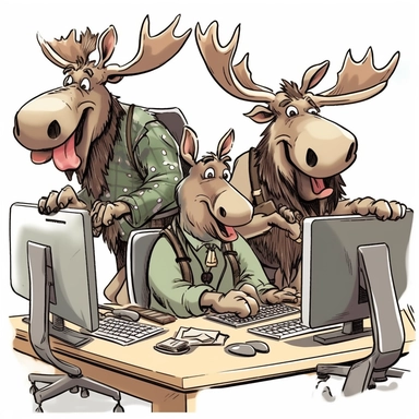 a trio of cartoon moose, clipart style, IT guys, helpdesk, nerd