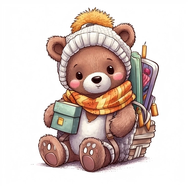 super-cute knitted baby bear with backpack and student book, knitted style, Perfect for nursery art and children's book illustration style, simple, cute, full color, clipart, watercolor illustration, single object, high definition 8k, white background for removing background