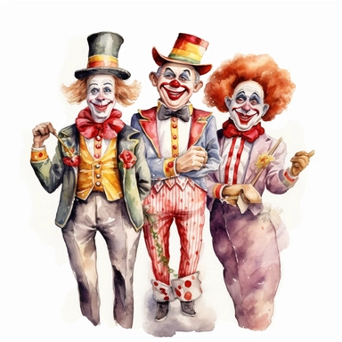 3 hand drawn vintage circus clowns acting silly , glamorous, soft, detailed and realistic, watercolor, clipart style, white background with margins