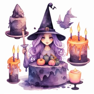 Create a set of hyper-realistic watercolor texture cliparts with a witch birthday theme. Each image should feature a different color palette, adding variety and vibrancy to the collection. The cliparts should include elements such as a cute witch holding a broomstick, a big cake with candles, cupcakes, and various desserts, all rendered in unique pastel colors. Each element should be isolated and placed on a white background, with a margin separating them for easy use. The witch should be depict