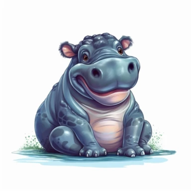 cute Hippopotamus Clipart sitting and smiling in the style of oil painting, on a white background