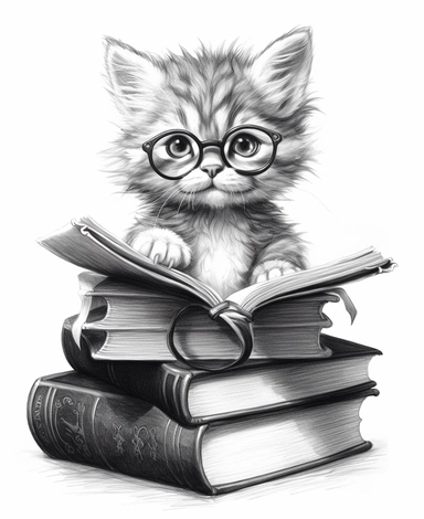 cartoon kitten with glasses sitting on books clipart illustration coloring pages, in the style of highly detailed realism, alson skinner clark, cluj school, david yarrow, jeremiah ketner, science-based, precisionist lines