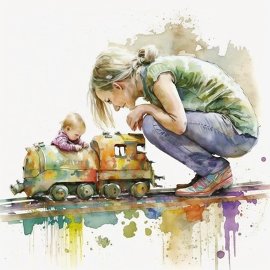 Amazing Mom and Baby playing train Toy, side view in watercolor style clipart, use darker tones, higher saturation colors, watercolor clip art with splashes and drips, super creative watercolor, white background