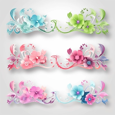 Fantasy Banner Clipart, Flowers, pink, blue, green, magical, single file white background