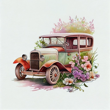 Vintage Antique car with flowers watercolor clipart, pastel color, vibrant, watercolor, 8k, white blank background