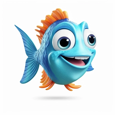 a cute and adorable happy cartoon fish making funny face, full body image, side view, pixar style, clipart