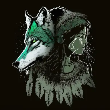 Black background, double exposure, clipart icon of a Native american female filled with a spiritual wolf, lineart, Green and Brown bold stencil drawing, comic book sketch