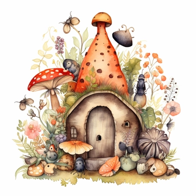 Watercolor boho backyard insect hotel, illustrations clipart set, simple, soft colors, cartoon elements, different variants, insects, ladybug, ants, grasshopper separate elements with a margin