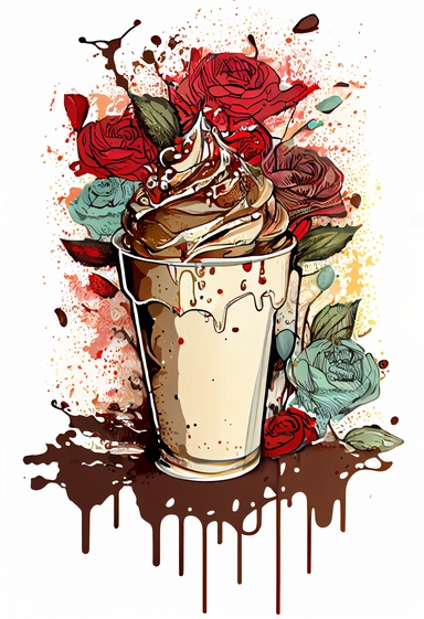 clipart, vector, A ink and water colour painting, paint splash art, steampunk, thick ink outline, crisp detailed, coffee with cream tall cup, surrounded by 4 white, black red and white pastel coloured bunch of roses, sharp edges, 2d tee shirt design, cut out design white background