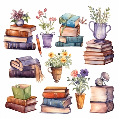 World book day hand drawn watercolor clipart set. Library books collection