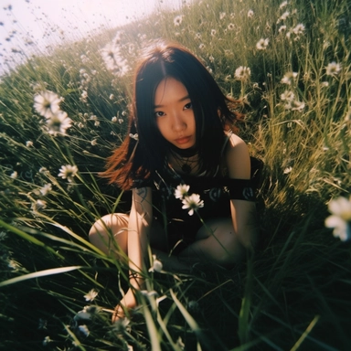 Chinese girl, 19 years old, Instagram, Chinese Instagram, Chinese, squatting pose, big eyes, in meadow, flower field, on the ground, steep angle, from above, scenecore, angelcore, DIY, punk style fashion, cigarette, smoking, smoking a cigarette, long black hair, braided strains, white bows in hair, thin girl, pale skin, clipart style tattoos, 1990s, artsy makeup, from above, closeup, portrait, looking up, looking at camera, outdoors, night, glow, darkness, rocks, moss, small flowers, photorealis
