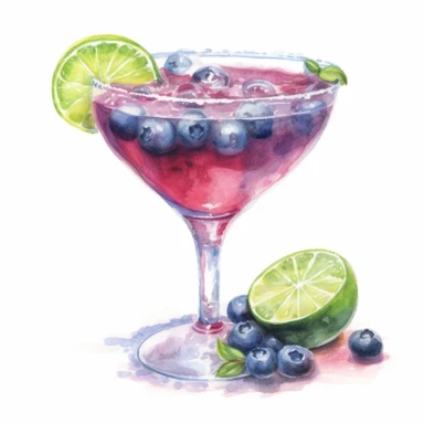 A colorful blueberry margarita in a salt-rimmed glass, with a wedge of lime and blueberries on top , Watercolor, pastels, clipart, beautiful, colourfull, png transparent white background, high resolution, no caption q4 s2