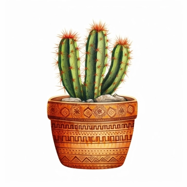 hd, clipart, realistic,A cactus plant in a pot with a southwestern mudcloth design, on white background--s 250