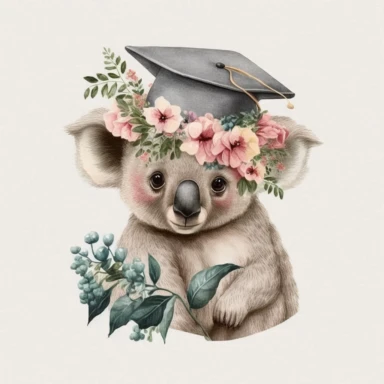 a cute little watercolour Koala Bear kindergarten graduate, nursery graduation, graduation hat, graduation celebration, wearing a graduation hat, pink flowers, Clipart, isolated white background