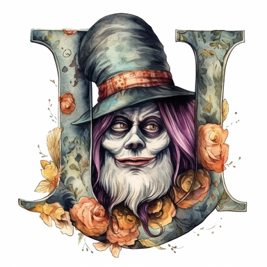 letter U with clown, scary halloween, watercolour, clipart