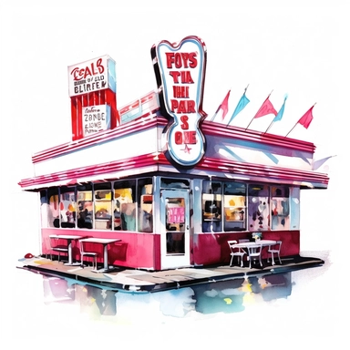 A retro-style diner with chrome accents and neon signs, where people savor delicious milkshakes and classic diner fare, american style, watercolor, clipart