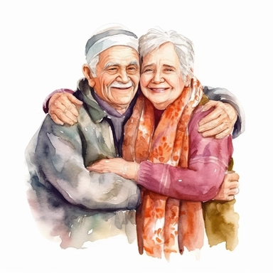 adorable diverse elderly hugging in friendship, water color, illustration, white background, black outline, Clipart