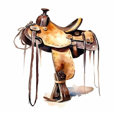Western saddle without horse, watercolor, clipart, illustration, white background, digital painting, paper crafting, no signature, no text