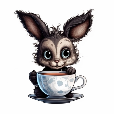whimsical, cute, cartoon, clipart, bunny, teacup, sticker, in the style of Tim Burton