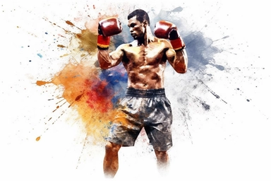 Watercolor, Create a visual of a boxer throwing a strong punch in the ring clipart, hd, on a white background, spaced out