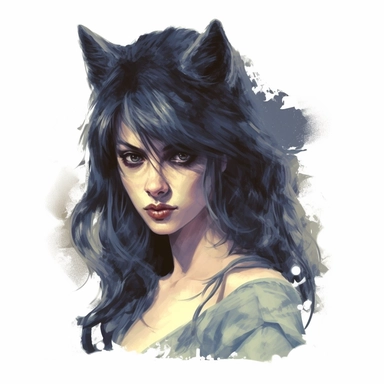 beautiful stunning pretty vintage werewolf female character, paint art style, clipart, white background, superrealistic, one of a kind