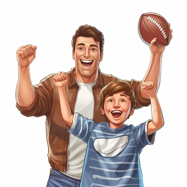 Sports Fanatic: Create a clip art image of a dad wearing a jersey or holding a sports ball, cheering with excitement. This clip art can represent dads who are passionate about sports and enjoy watching or playing them with their children.