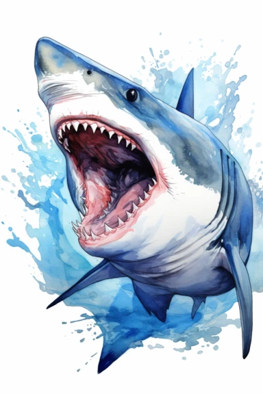 drawn illustration of a shark open jaw , clip art, watercolor, digital art, Intense color, HD, white background, clean line art, Rich and accurate details, ultimate luxury