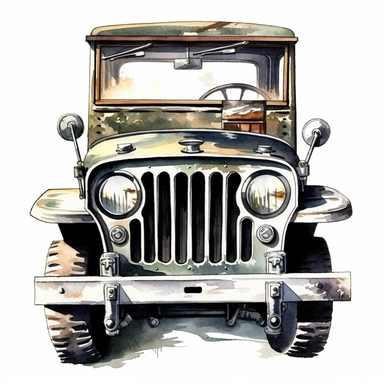 vintage watercolor illustration of empty cartoon safari jeep, facing the camera head on, no roof, clipart