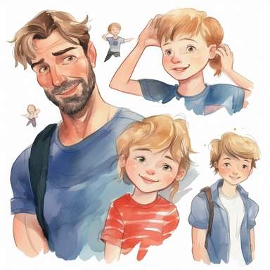 watercolor kids love for their dad, illustrations clipart set, simple, , cartoon elements , father's day elements, good anatomy and beautiful faces, handsome faces, different variants , separate elements with a margin