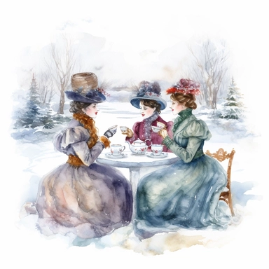 complex watercolor illustration of four victorian women/ladies having a Garden Tea party in a euphoric winter landscape, cottagecore, in KARL MARTENS style isolated,concept,art,8k,hd,watercolor,detailed,on white backround,clipart,--aspect 2:3