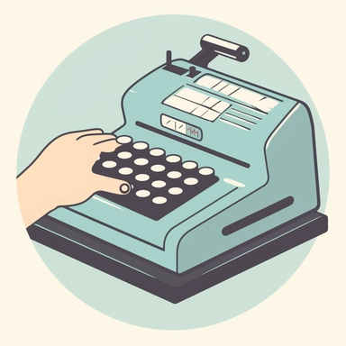 clipart icon of a hand using an old cash register, light blue color palette