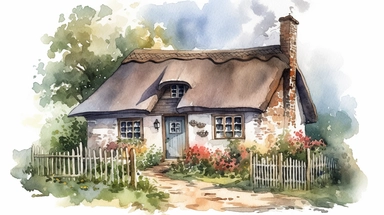 a watercolor clipart on a white background of a romantic cottage. The cottage should have a thatched roof, stone walls, and a chimney with smoke coming out
