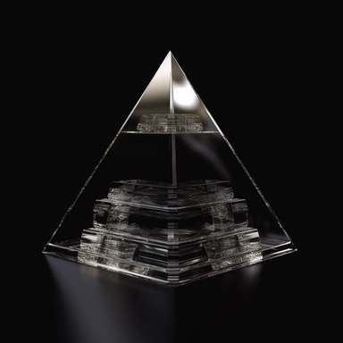 a pyramid with rounded edges made out of glass rendered photorealistic against a black background, clipart, blender rendered