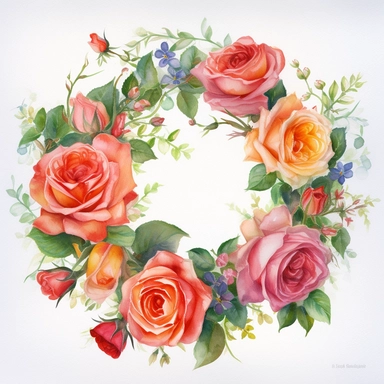 Watercolor Painting of beautiful multi - headed Rose Wreath FLOWERS on white background DETAILED ILUSTRATION, Flora Design Patterns, Flemish Baroque by Rachel Ruysch, Behance, Rococo, Intricate Detailed, Soft Light Effect, Oil Paint Strokes, Light Academia Aesthetic Flowers, Lighting cinematic, all shown shimmering stamens, tyndall light, texture, colorful, 8k, fantasy, ray tracing, vivid, spectacular lighting, octane rendering, highly detailed, ultra - realistic, white background, clipart