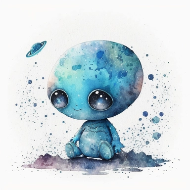 a cute blue alien with watercolor effect, space,suitable for digital clipart,white background,nursery room ,cartoon style