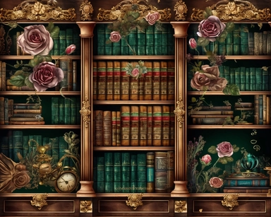 Royal Steampunk ClipArt, background paper, wall paper style, library, rows of books and wooden bookcases, roses, Watercolor Steampunk PNG, Victorian Clipart, Fantasy Clipart, deep emerald